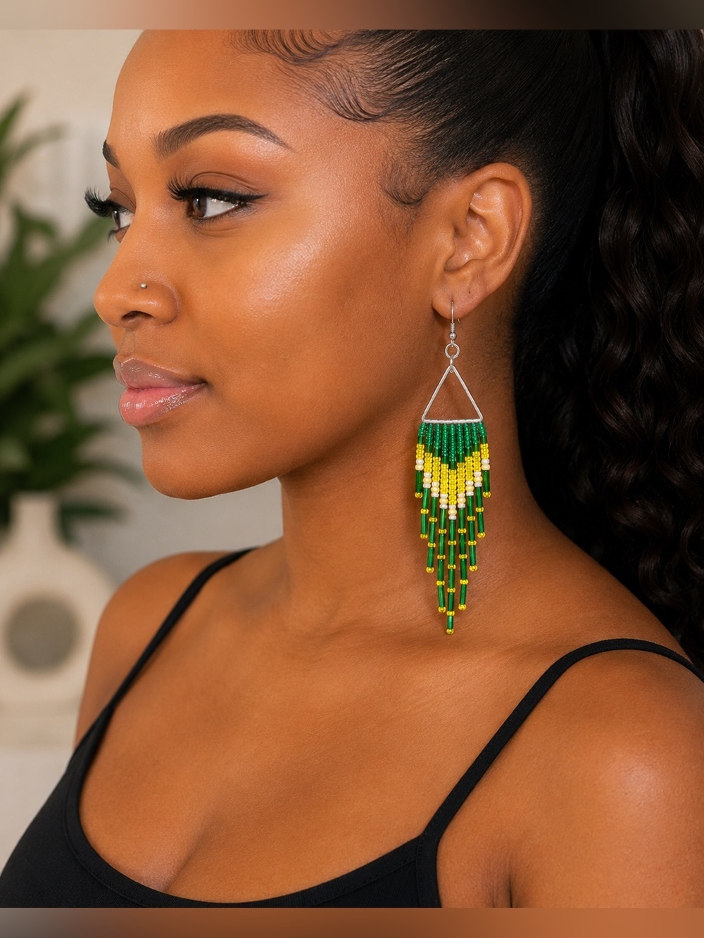 Elegant Beaded Chandelier Earrings in Green and Yellow
